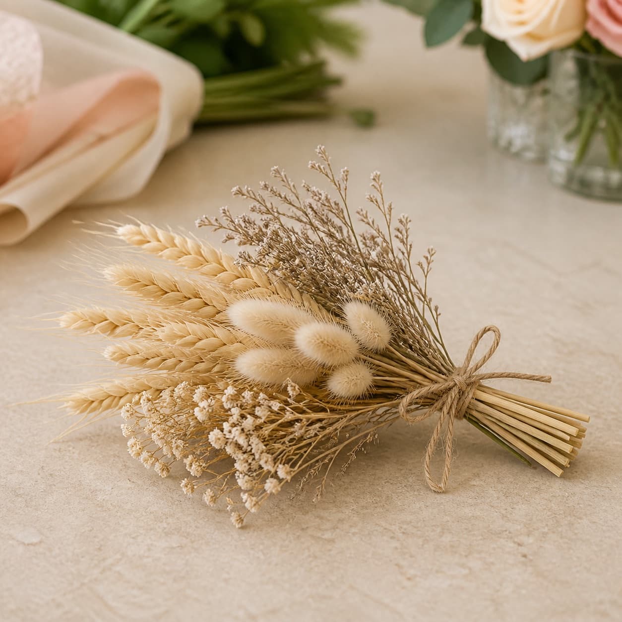 An illustrative small bundle of dried grasses and flowers