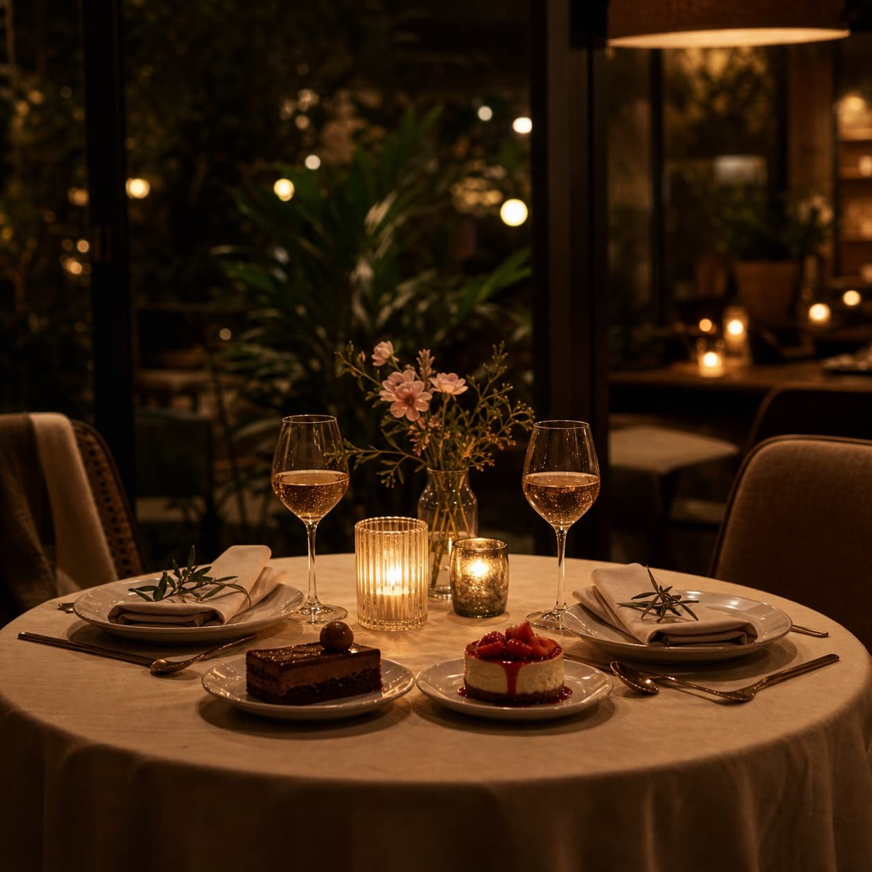 An illustrative dinner table with a small floral arrangement