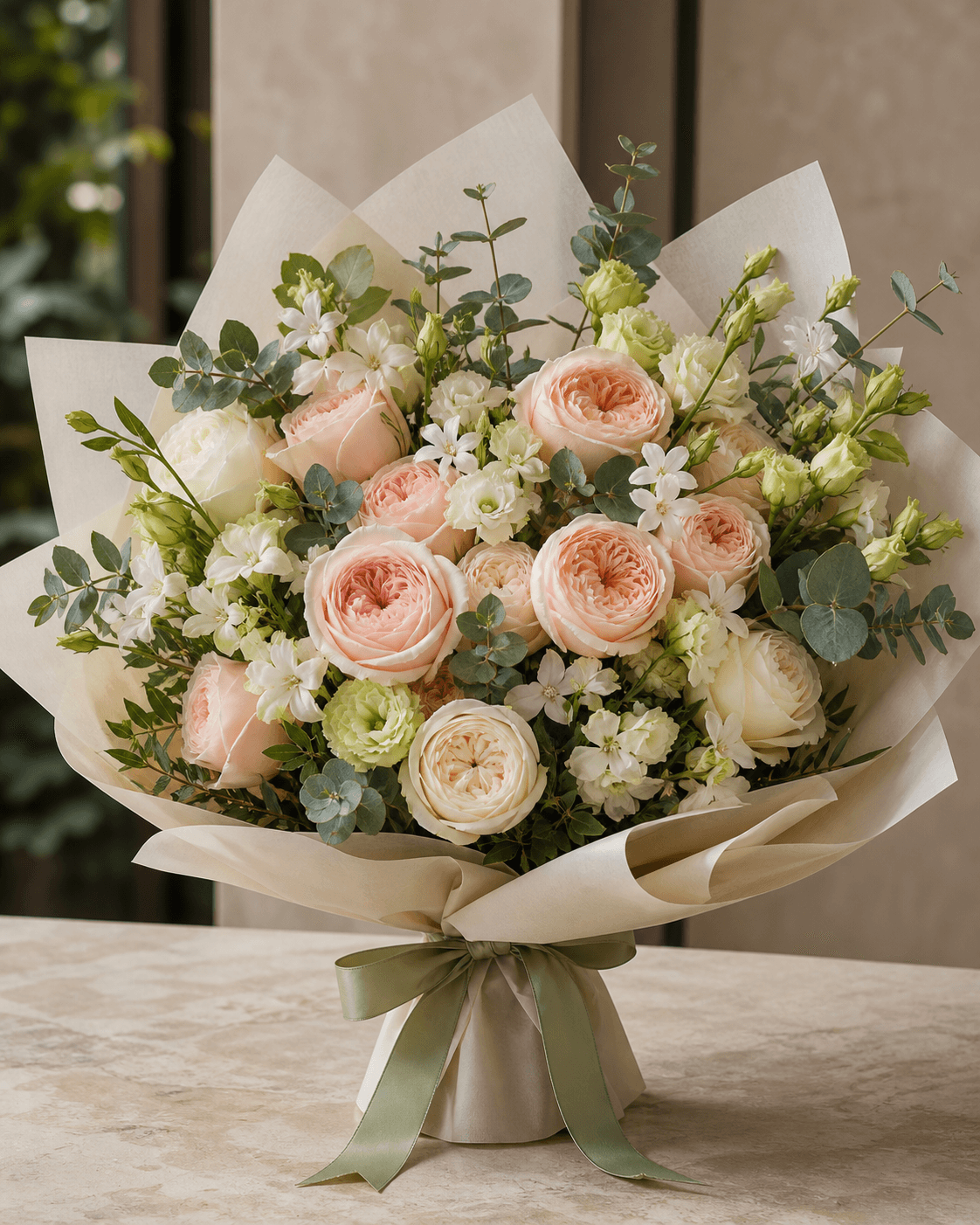An illustrative cream and blush bouquet wrapped in paper