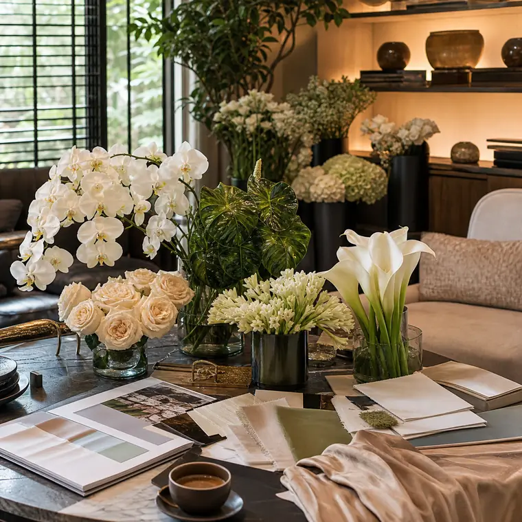 White roses, orchids and seasonal greenery arranged with care
